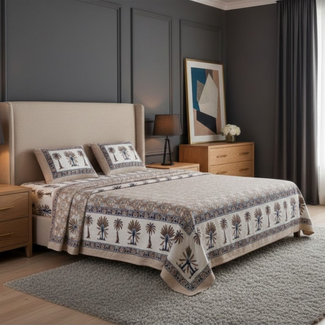 Whimsical Woodcuts Taupe Block Print Pure Cotton Double Bedsheet
